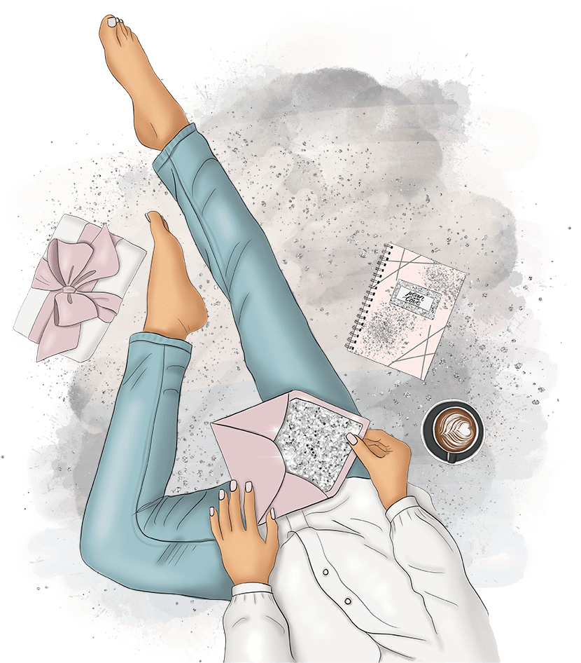 Ilustracja osoby cieszącej się książką i filiżanką kawy, dostępna jako gratis dla subskrybentów newslettera.