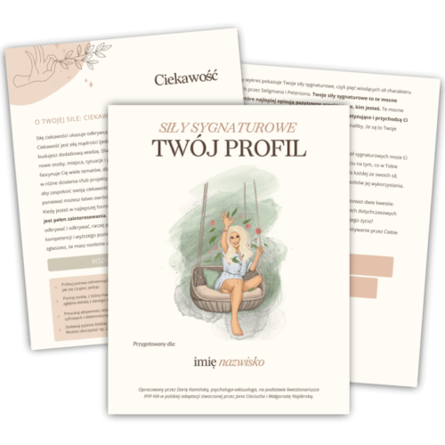 Dwie otwarte broszury z polskim tekstem i ilustracjami; jeden przedstawia kobietę siedzącą w fotelu z filiżanką, otoczoną obrazami roślinnymi dla Identyfikacji sił sygnaturowych.