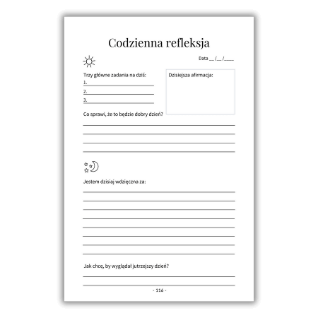 Codzienna strona dziennika refleksji z sekcjami dotyczącymi zadań, afirmacji, wdzięczności i wizji jutra. Tekst w języku polskim.