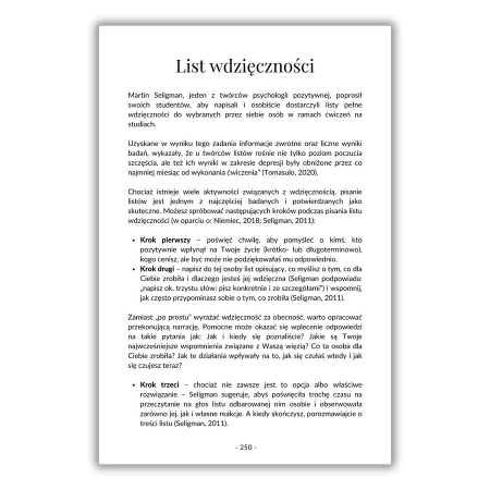 Polski dokument zatytułowany „List wdzięczności” szczegółowo opisujący ćwiczenia wdzięczności. Zawiera listę kroków i odniesienia do Martina Seligmana i badań psychologii pozytywnej. Strona 250.